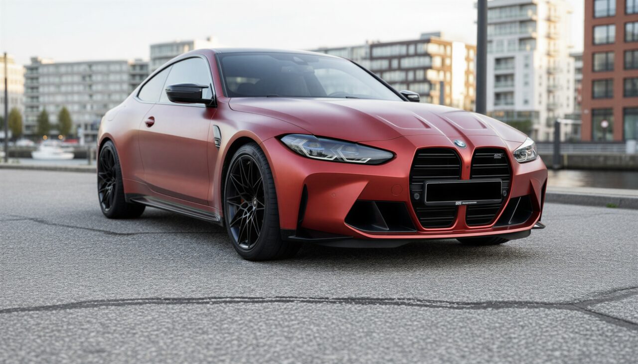 "image_prompt": "black BMW M4 Competition front three-quarter low angle hero shot, car positioned in a strong photogenic stance with front-left corner slightly closer to the camera, vehicle angled diagonally across the road rather than parallel, wheels subtly turned toward the camera (approximately 5–10 degrees), low camera height around 30–40 cm, emphasis on front-end dominance through body surfaces and kidney grille rather than lighting, soft ambient front fascia lighting without altering headlight geometry, headlights must remain unaltered from factory design, exact OEM headlight geometry preserved, no edge sharpening on headlight contours, no stylization, no aggressive angles, lighting visible only as soft internal glow behind lens, premium editorial automotive photography, realistic daytime or late-afternoon light, Hamburg urban setting with modern waterfront and business architecture subtly blurred in the background, natural German asphalt texture featuring subtle grain, light tire wear, faint bitumen patches and gentle irregularities, realistic matte surface reflections, no pedestrians, no glossy CGI-like pavement" hero