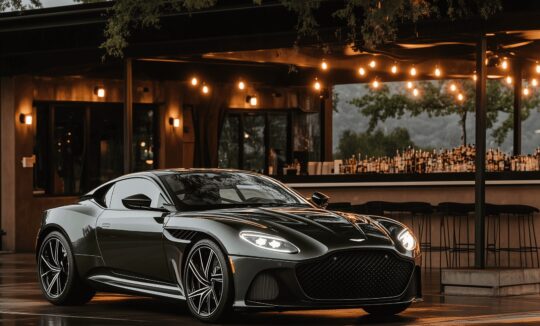 Aston Martin mit Bar im Hintergrund