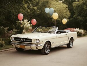 Um den Ford Mustang Oldtimer fliegen bunte Ballons herum.