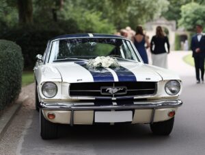 Ein Ford Mustang Oldtimer steht vor ein paar schick angezogenen Menschen