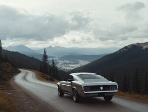Ford Mustang Oldtimer auf einer Straße durch die Berge.