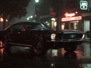 Glänzend schwarzer 1967er Ford Mustang geparkt auf nasser Straße bei Nacht