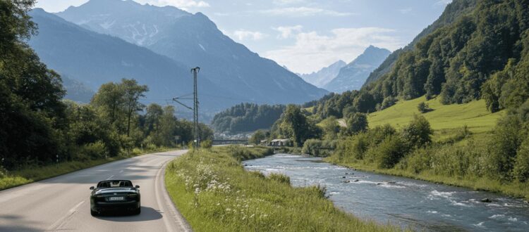 Auto fährt entlang de Alpenstraße mit Wäldern und Bergen im Hintergrund.