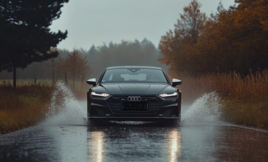 Schwarzer Audi A7 fährt über eine nasse Landstraße.