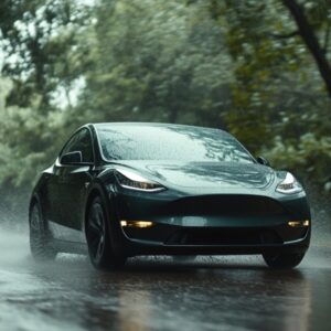 Tesla Model Y fährt auf einer regnerischen Straße entlang.