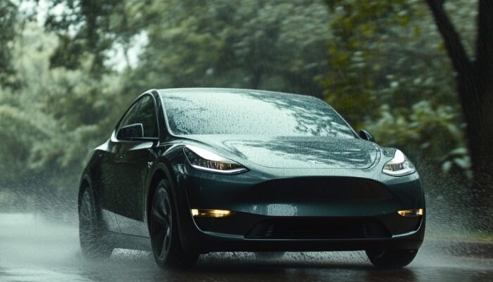 Tesla Model Y fährt auf einer regnerischen Straße entlang.