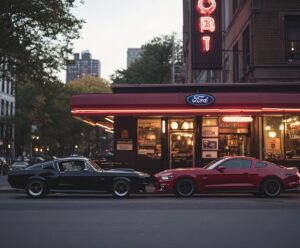 Ford Mustang Fastback und Ford Mustang GT stehen sich gegenüber. Im Hintergrund ist ein typisches amerikanisches Diner.