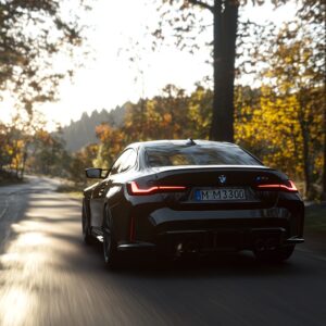 BMW M340i bei sonniger Ausfahrt durch herbstlichen Wald – sportliche Dynamik und klangstarker Reihensechszylinder im Fokus