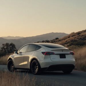 Ein weißer Tesla Model Y fährt durch eine Wüstenstraße.