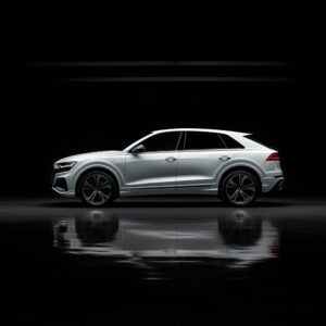 Weißer Audi Q8 steht vor einem schwarzen Hintergrund.