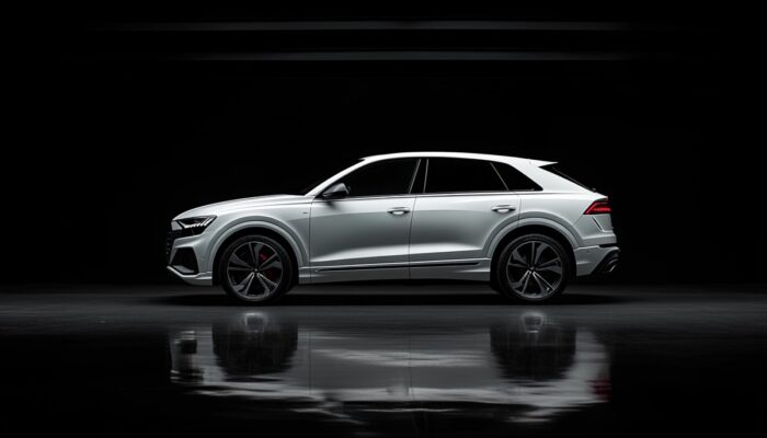 Weißer Audi Q8 steht vor einem schwarzen Hintergrund.