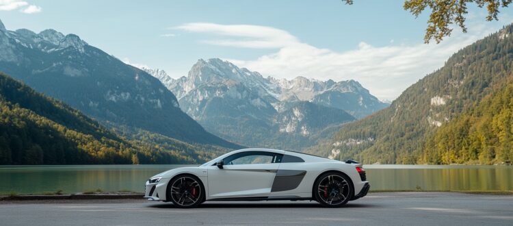 Audi R8 in weiß vor dem schönen Königssee in Bayern.