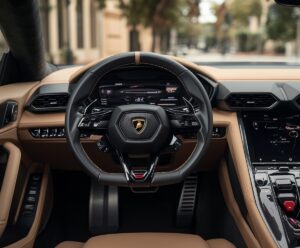 Elegantes und luxuriöses braun und schwarzes Innendesign eines Lamborghinis.