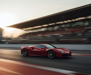 Ein roter Ferrari 488 GTB fährt auf einer Rennstrecke