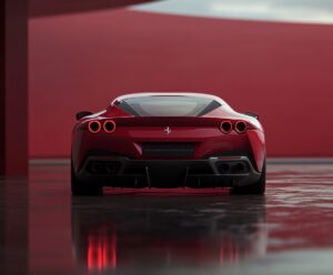 Ein roter Ferrari von der Rückansicht 