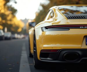 Nahaufnahme des Auspuffs eines gelben Porsche 911 