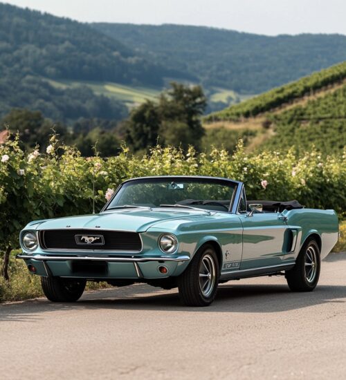Ford Mustang Convertible 1967 auf einer Landstraße in den Bergen.