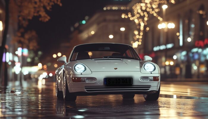 Porsche 993 Carrera 4S 1996 geparkt unter den Lichtern der Stadt bei Nacht.