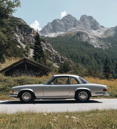 Ein silberner Mercedes-Benz 280 SL Pagoda steht auf einer Bergstraße bei Sonnenschein.