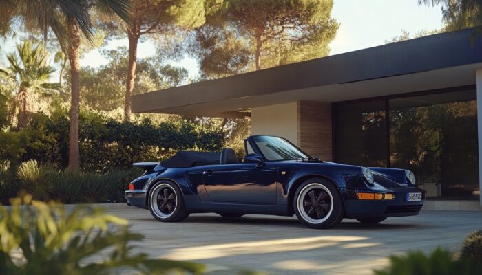 Porsche 964 Cabriolet 1991 steht vor einem modernen Haus.