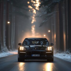 Ein Porsche Cayenne, der auf einer landschaftlich reizvollen Strecke (z.B. Allee, Waldweg) geparkt ist