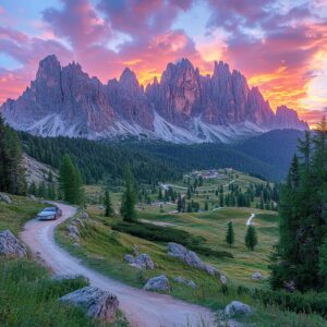 Ein atemberaubendes Panoramafoto eines Sportwagens, der auf einem Aussichtspunkt an einem Dolomitenpass parkt. Im Hintergrund erheben sich die ikonischen Gipfel der Dolomiten
