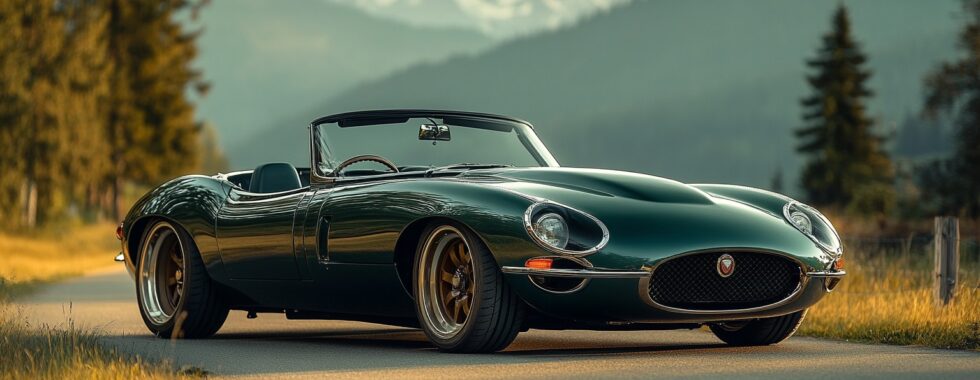 Ein klassischer, dunkelgrüner Jaguar E-Type Roadster aus den 1960er Jahren fährt auf einer kurvenreichen Alpenstraße.