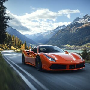 Ein leuchtend roter Ferrari 488 GTB, der dynamisch eine Serpentinenstraße des Stilfser Jochs auf der Südtiroler Seite hinauffährt