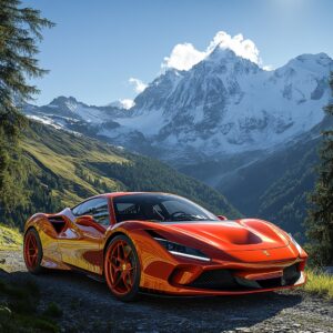 Ein leuchtend roter Ferrari F8 Tributo ist auf dem Bernina-Pass in den Schweizer Alpen zu sehen.