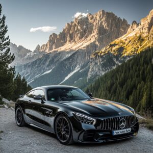 Ein schwarzer Mercedes-AMG S 63 Coupe, der an einem Aussichtspunkt entlang der Dolomitenstraße parkt.