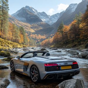 Ein silbergrauer Audi R8 V10 Spyder mit offenem Verdeck steht parkend an einem Aussichtspunkt am Stilfser Joch.