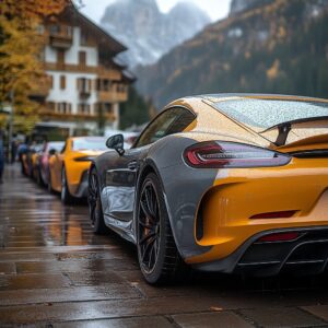 Eine Gruppe von drei bis vier verschiedenen, exklusiven Sportwagen, die nebeneinander auf einem asphaltierten Parkplatz in den Dolomiten stehen