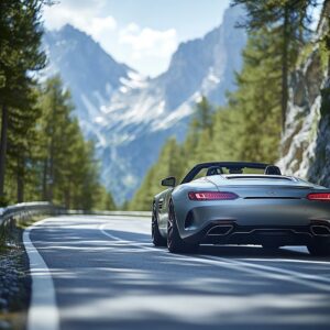 Eine Nahaufnahme des Hecks eines eleganten Sportwagens, der auf einer Serpentinenstraße in den Dolomiten fährt.