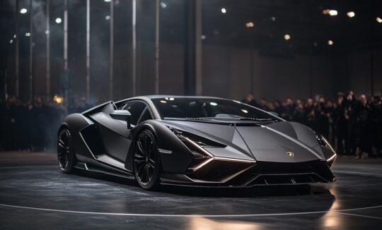 Mattschwarzer Lamborghini Showcar auf einer Luxus-Autoausstellung mit dramatischer Beleuchtung und exklusivem Design