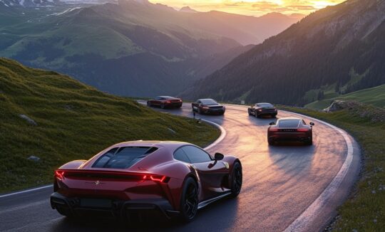 Exklusive Sportwagen wie Ferrari und Porsche auf kurviger Passstraße bei Sonnenuntergang – unvergesslicher Roadtrip mit Erlebniswert in den Alpen