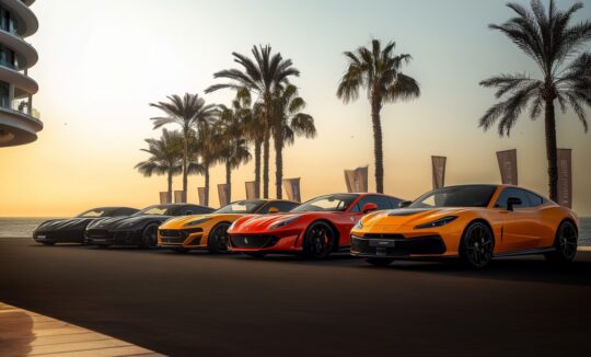 Exklusive Showcars von Ferrari in verschiedenen Farben vor Sonnenuntergangskulisse an der Küste von Dubai – Luxus und Performance vereint
