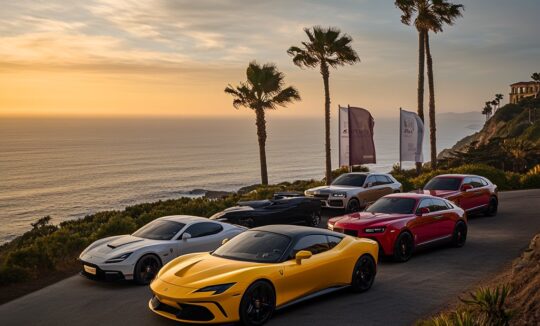 Luxus- und Sportwagen vor atemberaubender Meereskulisse bei Sonnenuntergang – perfekte Incentive Reise mit Ferrari, Lamborghini und Rolls-Royce