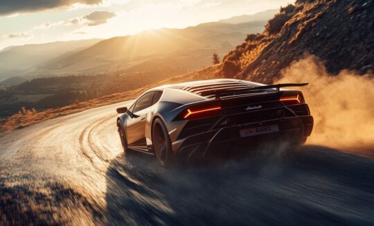 Lamborghini Huracán EVO driftet spektakulär auf einer Bergstraße bei Sonnenuntergang – Staubwolke, Kurvendynamik und goldene Lichtstimmung