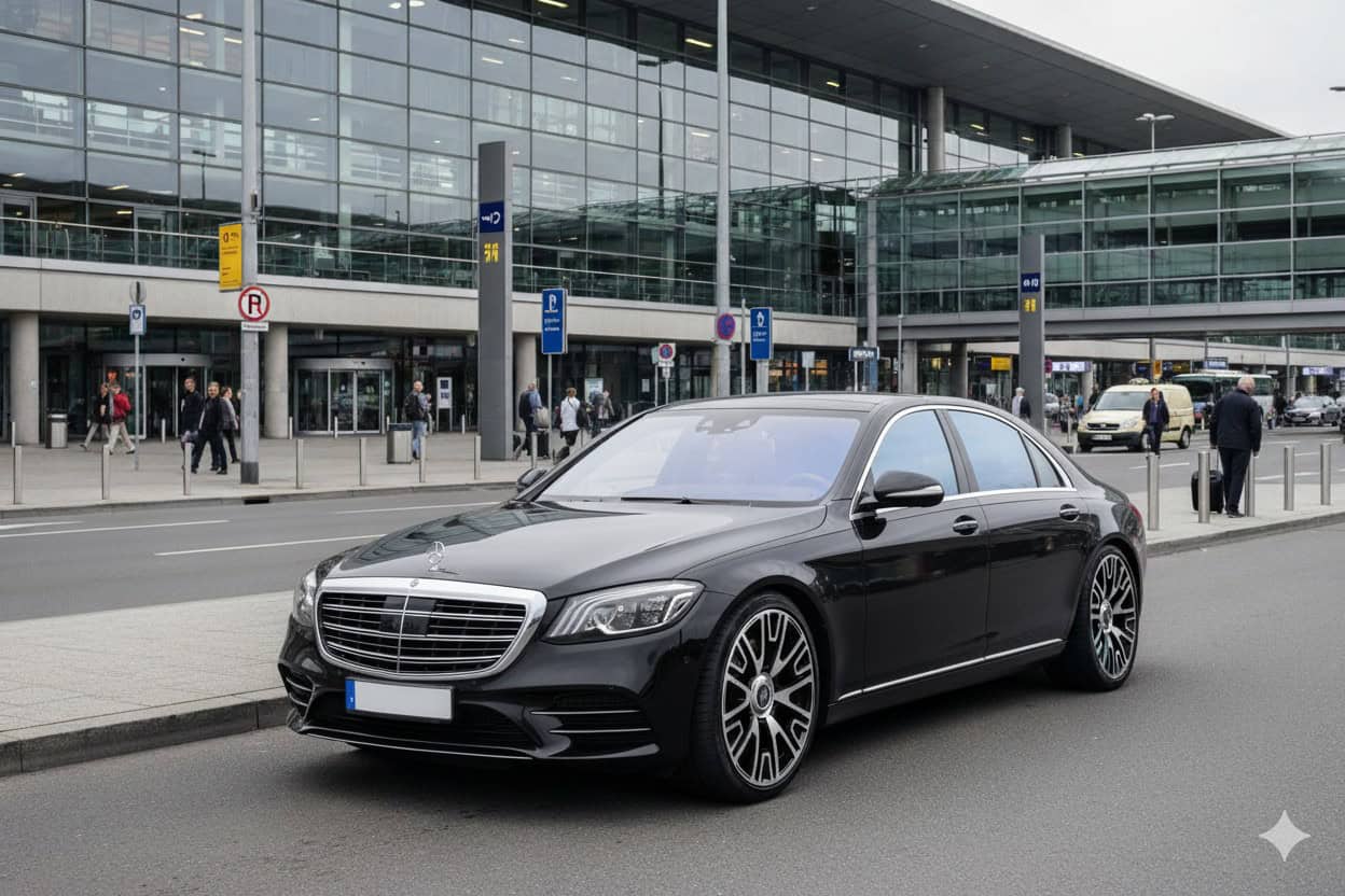 Mercedes S Klasse vor einem Flughafenterminal
