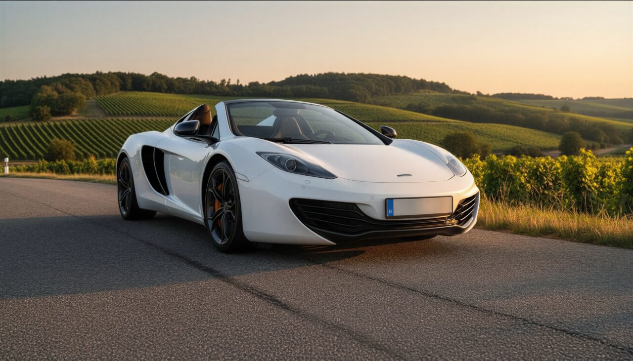 "image_prompt": "grey McLaren MP4-12C Spider front three-quarter low angle on a clean scenic roadside in the greater Stuttgart region (Baden-Württemberg), gently rolling vineyard hills and light forest edges in the background, premium editorial automotive photography, soft late-afternoon daylight with warm highlights, crisp reflections, high detail, no pedestrians, with natural German asphalt texture featuring subtle grain, light tire wear, faint bitumen patches and gentle irregularities, realistic matte surface reflections, no glossy CG-like pavement" hero