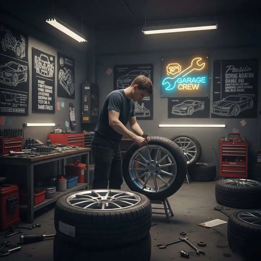 Schrauber-Crew in der Garage, Fokus auf Hände und Felge, Fankultur