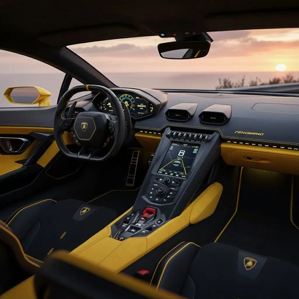 Innenraumstimmung im Lamborghini: reduzierte Schalterlandschaft, dreigeteiltes Display, Carbon-Details