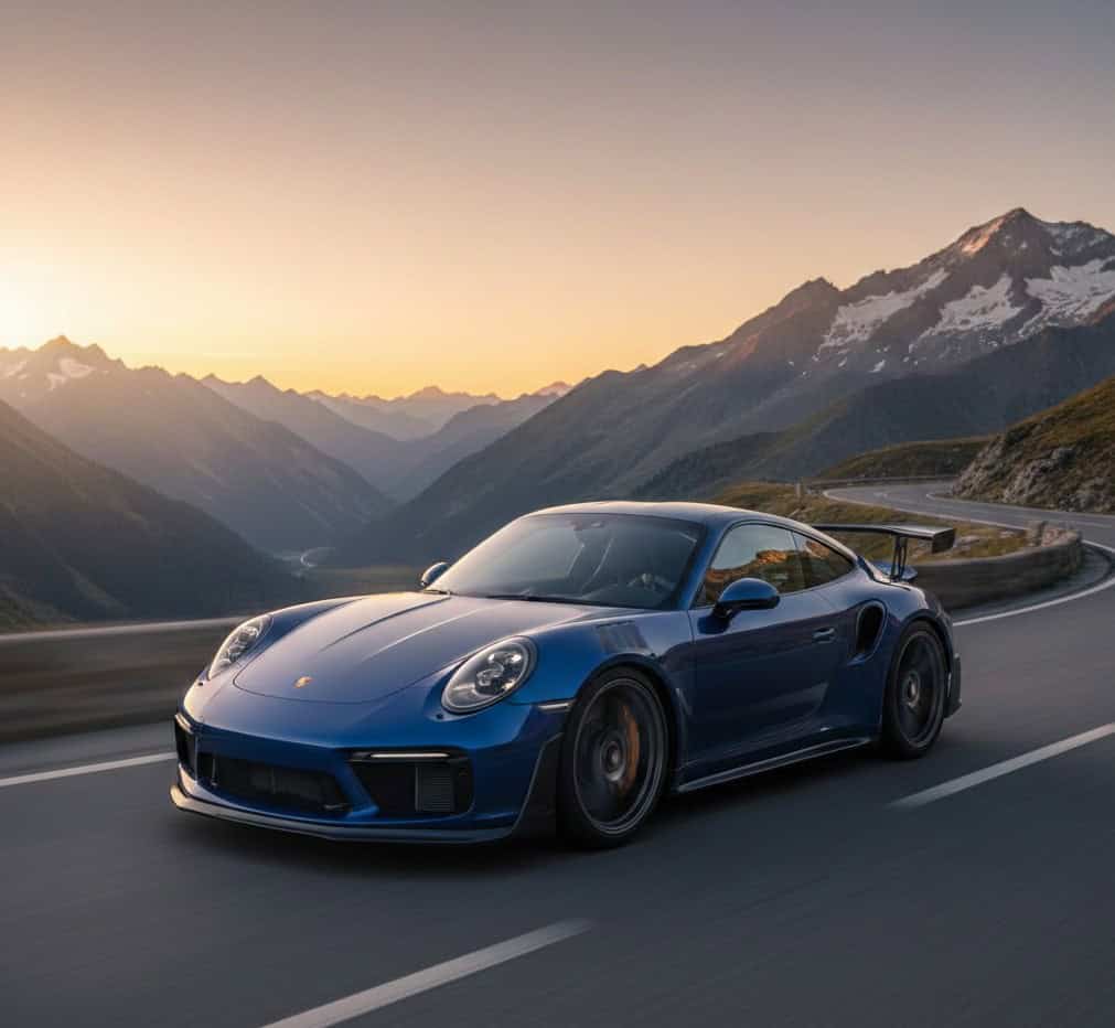 Blauer Porsche in Bewegung, Frontansicht