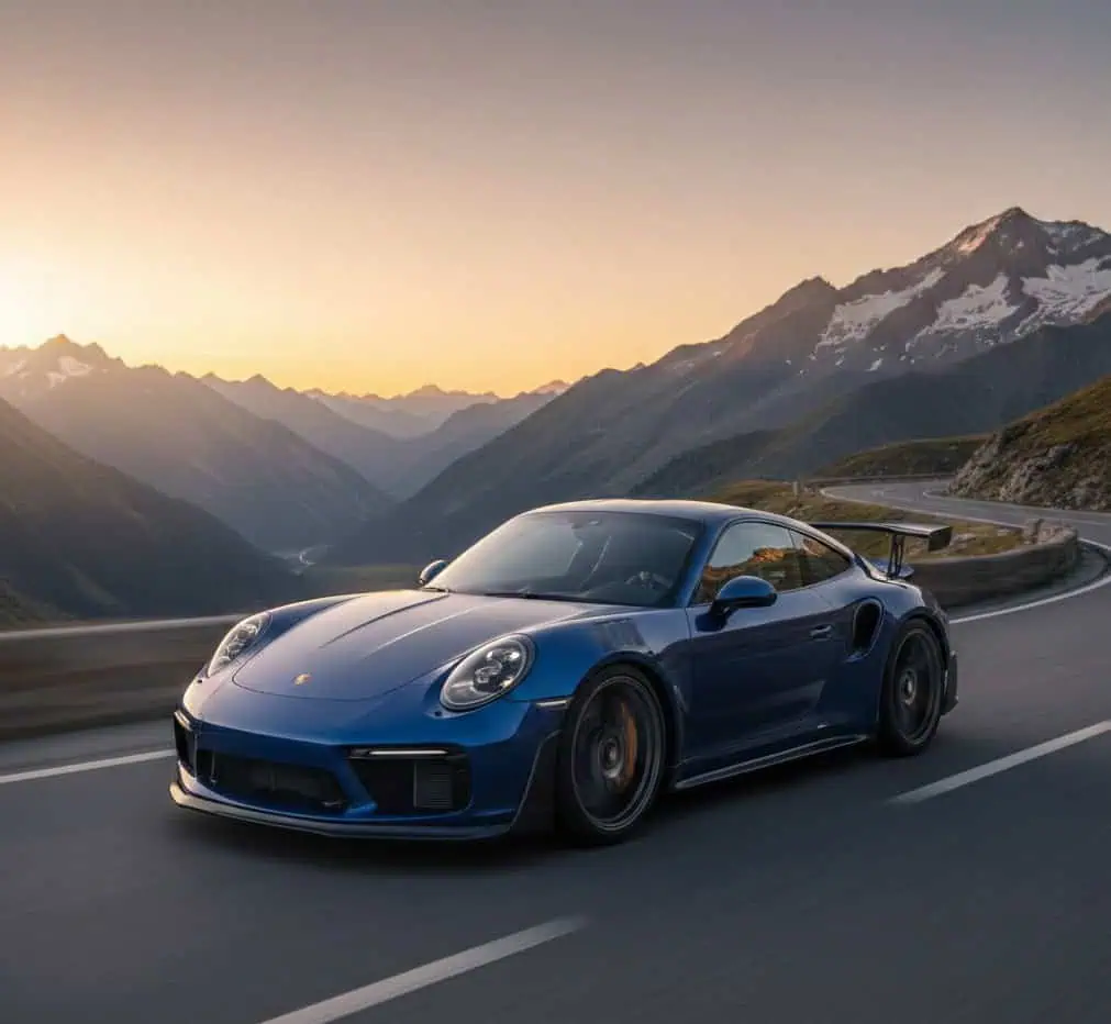 Blauer Porsche in Bewegung, Frontansicht